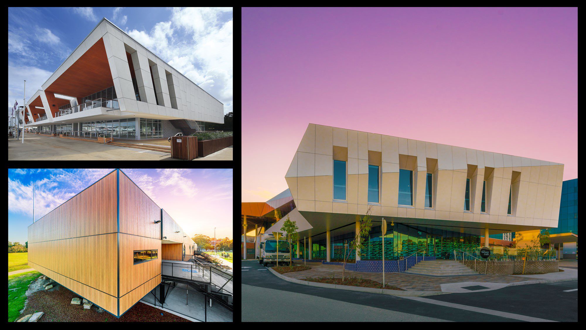 A collage of three modern, angular buildings with unique architectural designs. The largest image on the right shows a building with white and beige panels against a pink sky. The two smaller images on the left showcase sharp, linear structures with wooden and metallic exteriors.