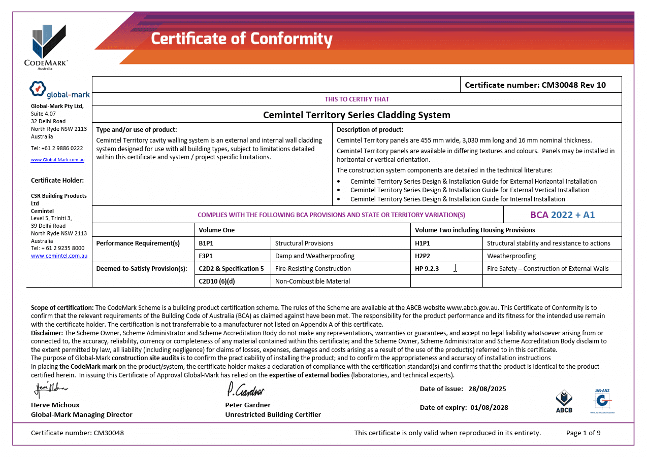 Thumbnail images of Certificate of Conformity for Cemintel Territory Series Cladding System, showing compliance details, approval signatures, provisions met, product description, and certification numbers on a formal document.