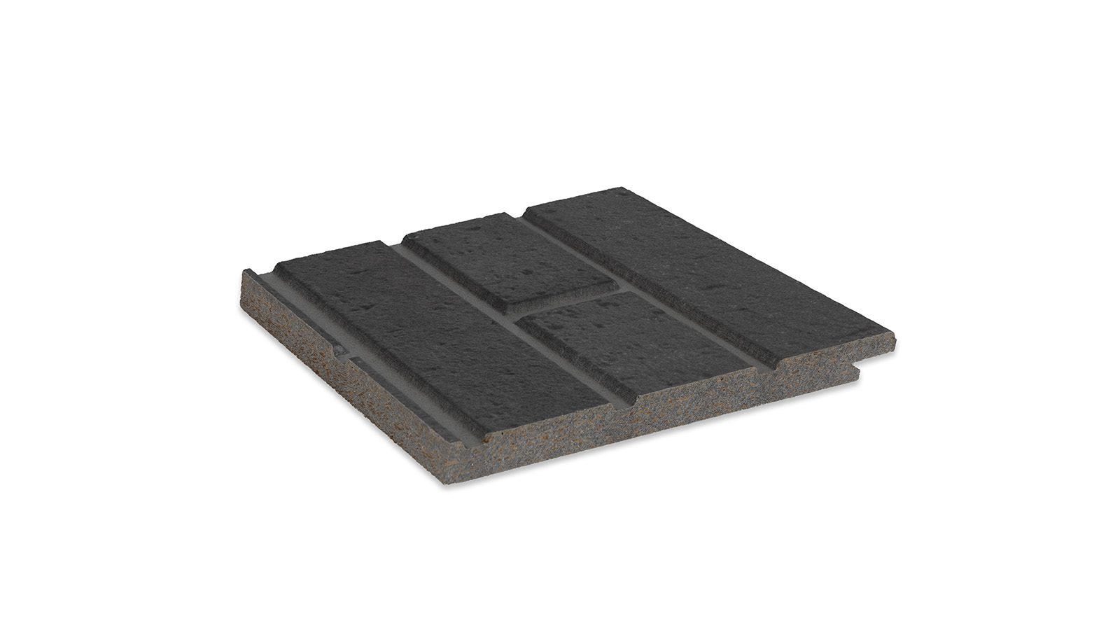 A square brick slab with a textured, dark gray surface and recessed lines creating a grid pattern. The edges of the slab have a slightly raised lip on two sides.