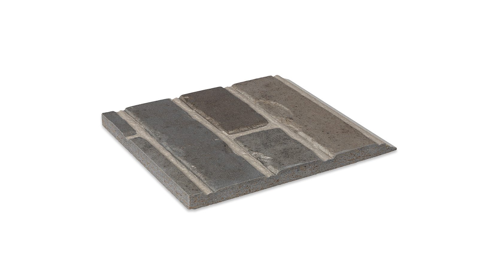 A square tile sample displaying a combination of three different colored bricks set in a row. The bricks show shades of gray, brown, and beige, each separated by textured, narrow divisions, presenting a rustic and weathered appearance.