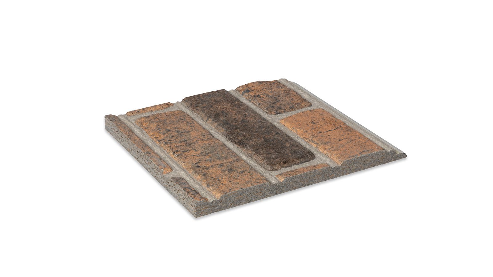 A square interlocking paving stone with a brick-like appearance. The stone features a mix of brown, tan, and dark brown rectangular segments arranged in a repeating pattern, providing a textured and rustic look.