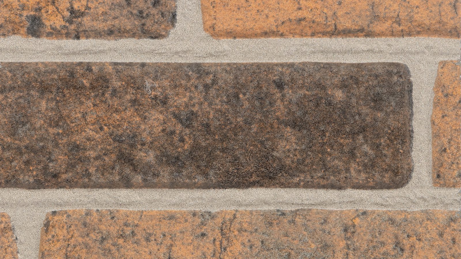 A close-up view of a brick wall with a pattern of rectangular, reddish-brown bricks. The bricks have a slightly rough texture, some black markings, and are held together with light gray mortar. The bricks are laid in a staggered pattern.