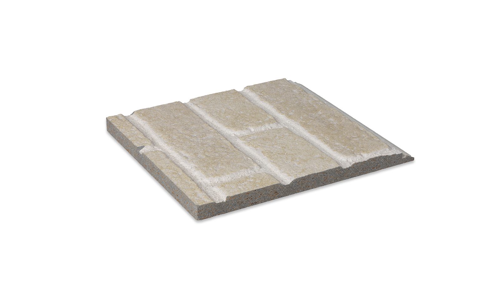 A square piece of textured building material with a grid-like pattern, comprising of a white, fibrous surface on top of a gray base. It appears to be an insulation panel for construction use. The fibrous sections are slightly recessed with raised lines in between.