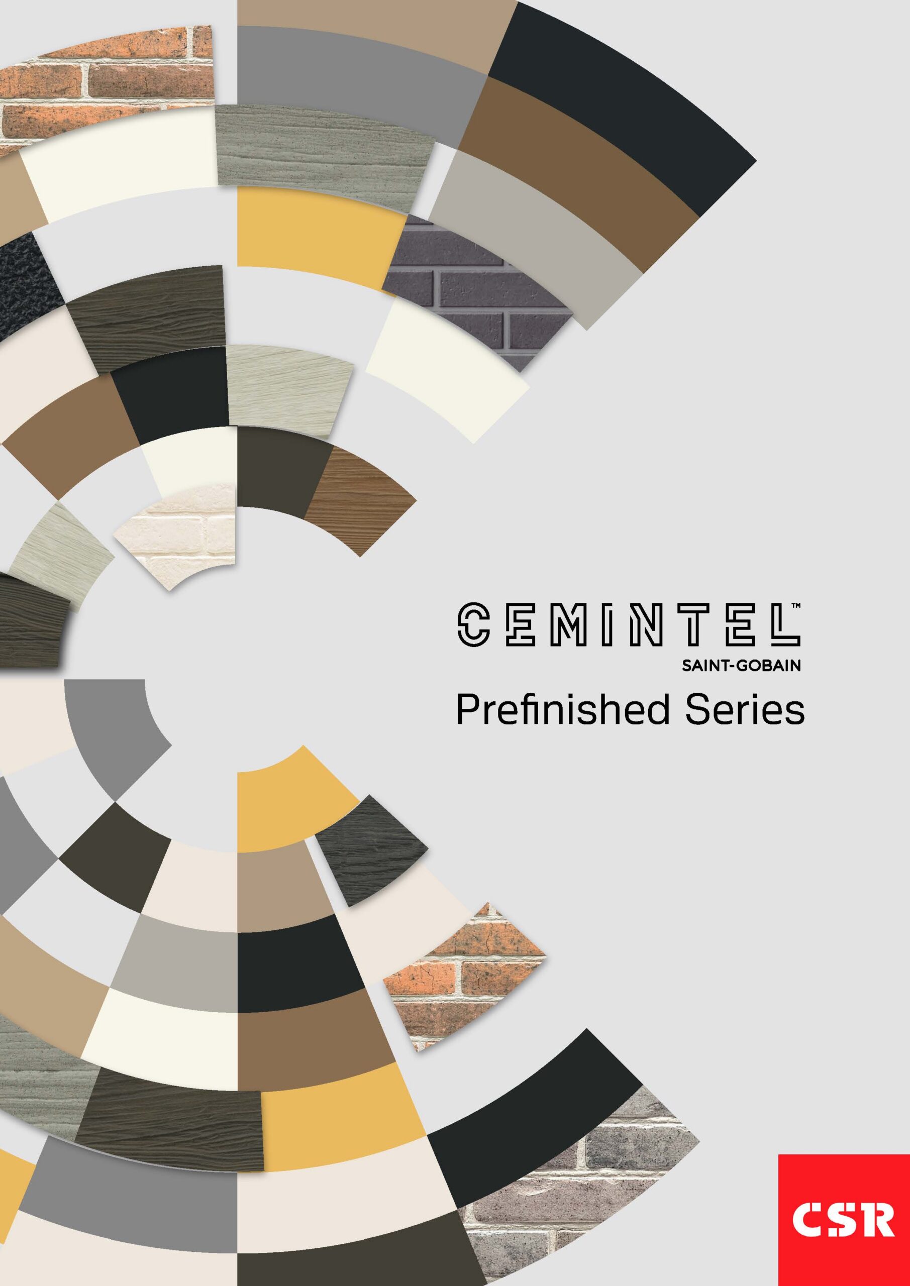 Semicircles of various colors and textures, including brick and wood, fan out on a gray background. “Cemintel Prefinished Series” is centered, with a red CSR logo in the bottom right corner.