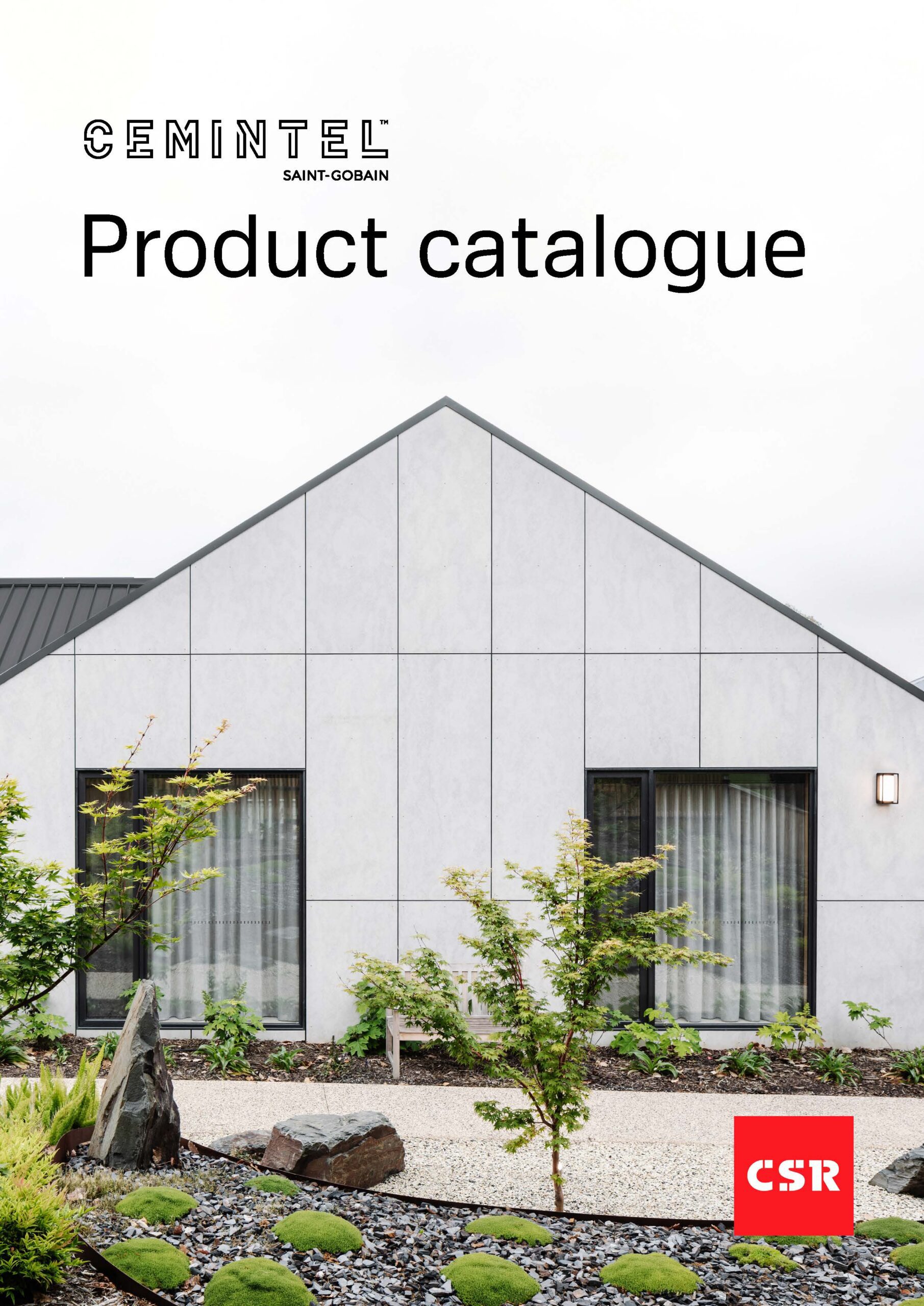 Modern house with light gray panel exterior, large windows, and minimal landscaping. Text reads "Cemintel Saint-Gobain Product catalogue" with a red "CSR" logo in the bottom right corner.