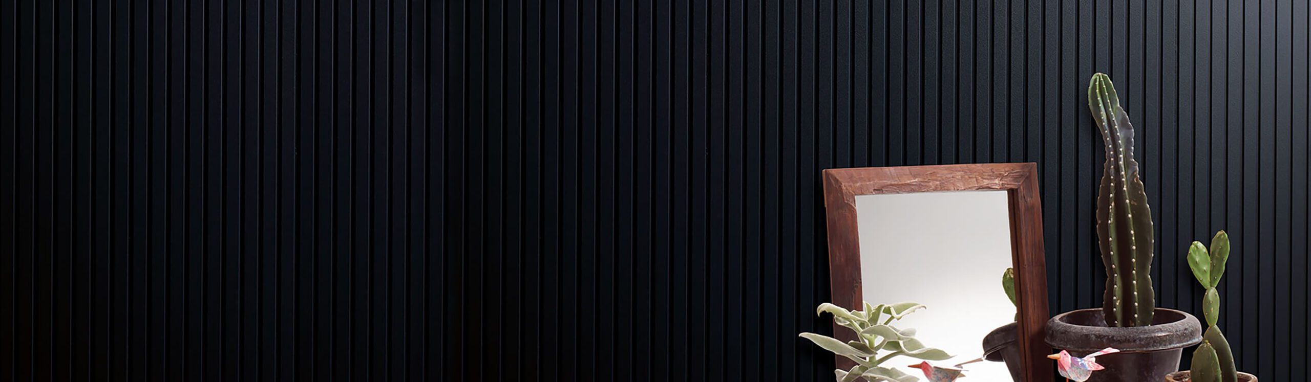 A potted cactus, another potted plant, and a wooden-framed mirror are arranged in front of a dark vertical panel wall.
