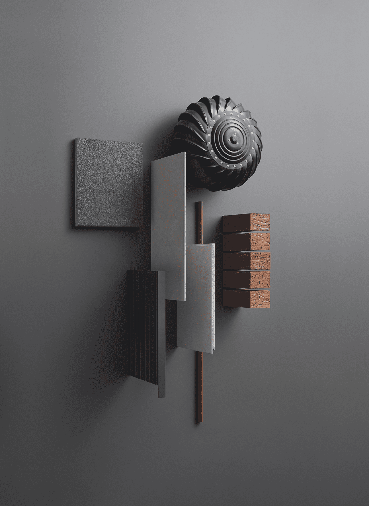 A minimalist arrangement of geometric shapes, including metal, brick, concrete tiles, and a black turbine-like object, is displayed against a smooth gray background.