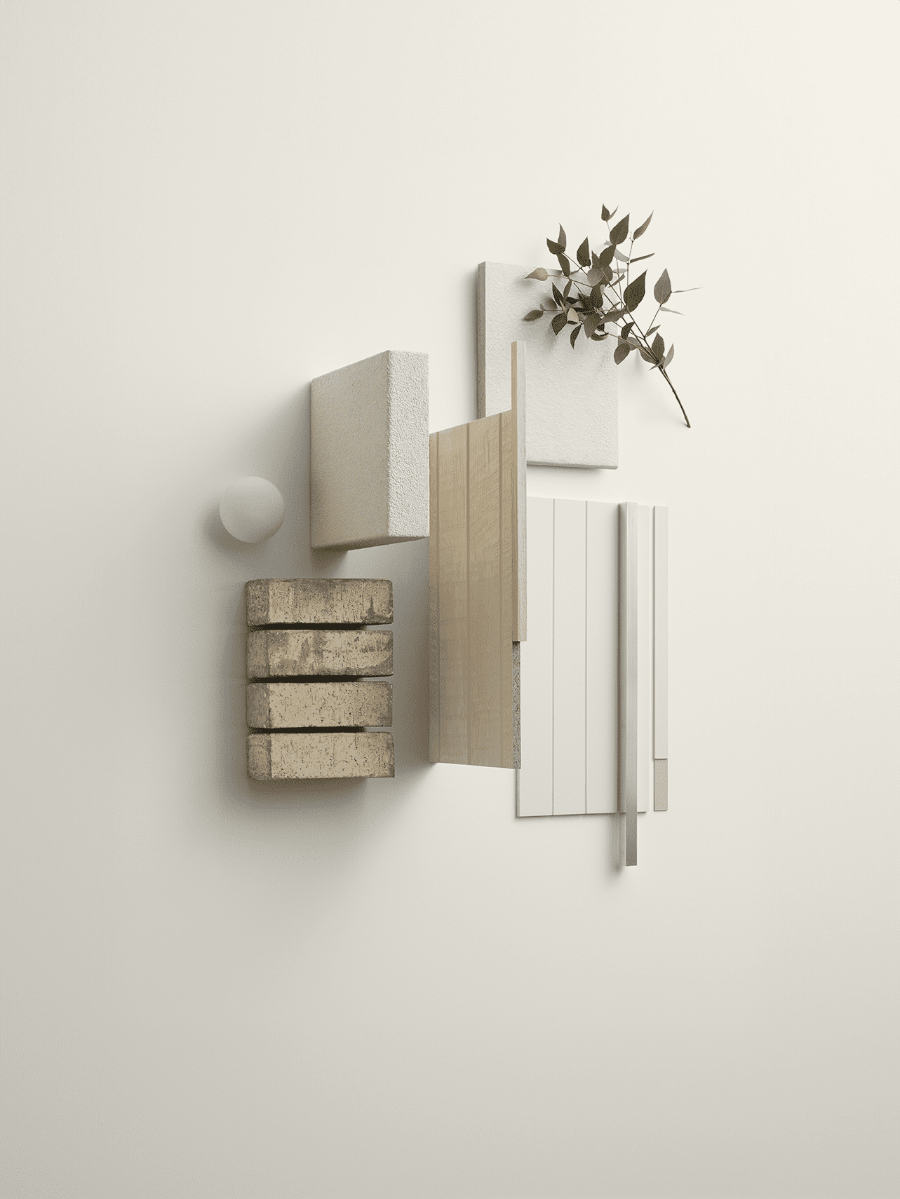 A minimalist arrangement of various materials including light wood, white and beige tiles, a stack of bricks, a round white object, and a small branch with green leaves, all set against a plain white background.