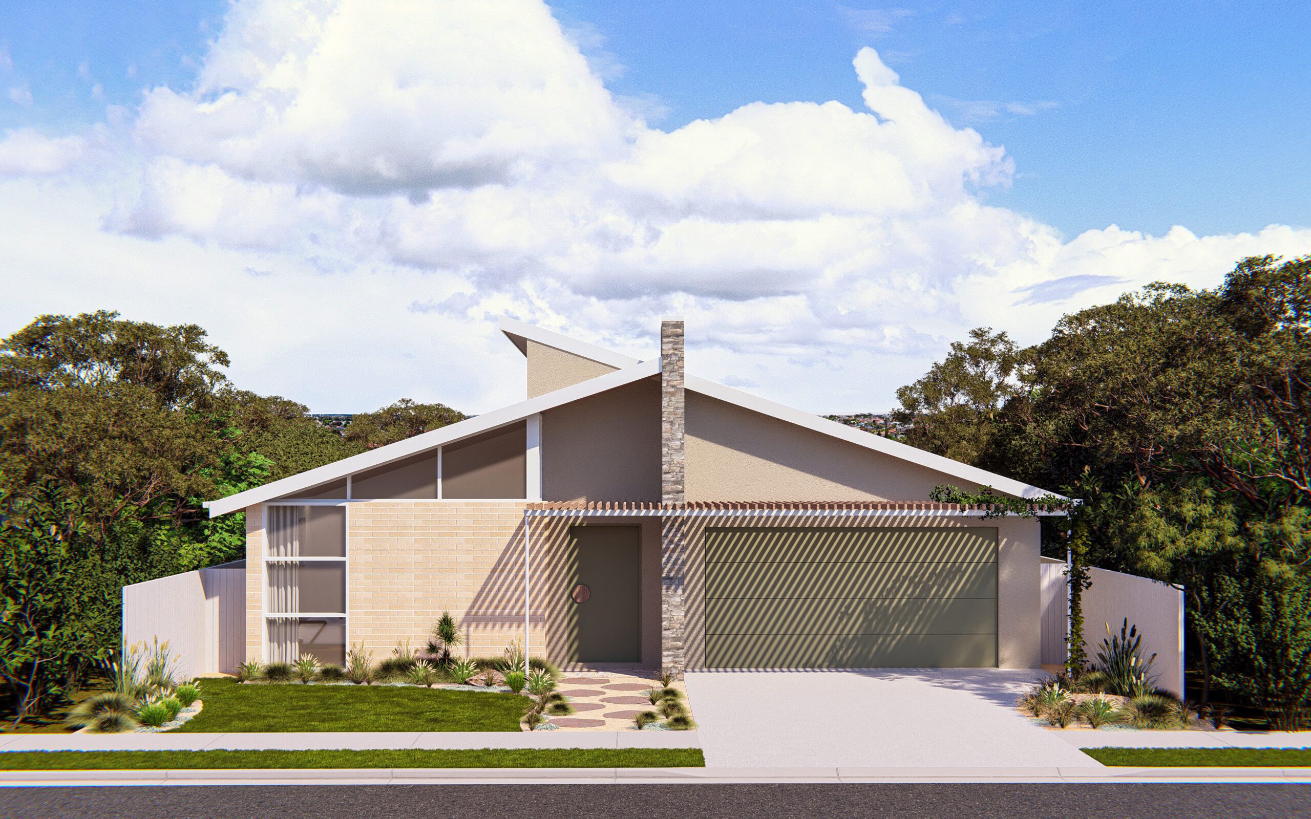 A modern, single-story house with a sloped roof, stone chimney, beige walls, large garage, and minimal landscaping, set against a backdrop of trees and a partly cloudy sky.