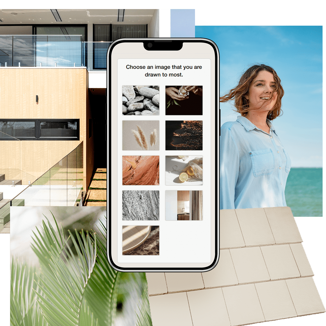 A collage with a modern house, palm leaves, beige tiles, and a smiling woman by the sea. In the center, a smartphone screen displays a selection of nature-inspired images to choose from.
