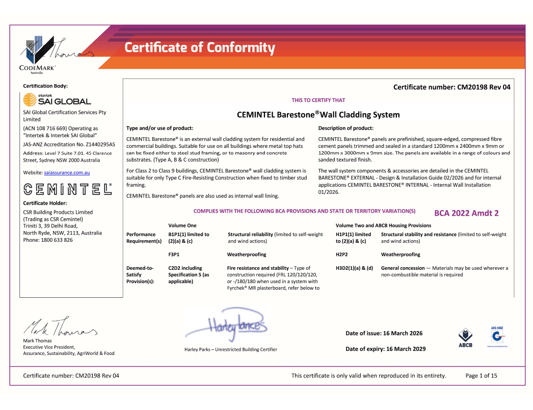 Certificate of Conformity for CEMINTEL Barestone® Wall Cladding System, showing compliance details, certification body (SAI Global), product scope, relevant standards, and signatures, with logos and official formatting.