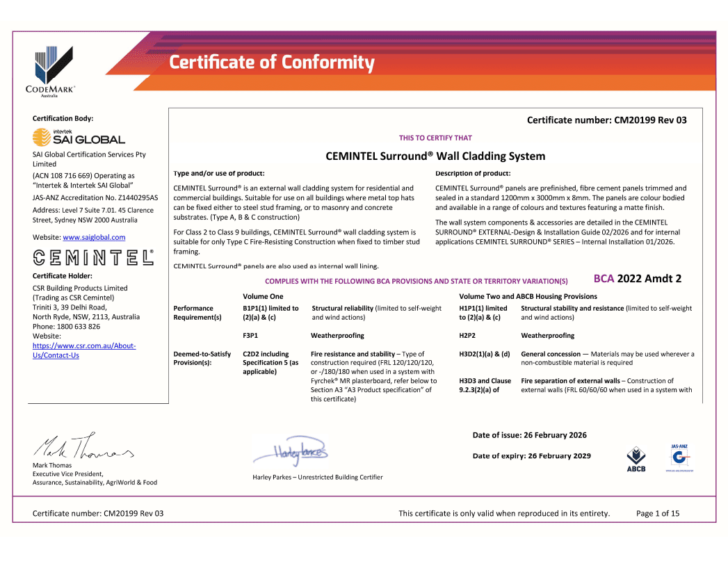 Certificate of Conformity for CEMINTEL Surround Wall Cladding System, showing certification details, compliance provisions, project applicability, and signatures from SAI Global and Harley Partners on a formal document.