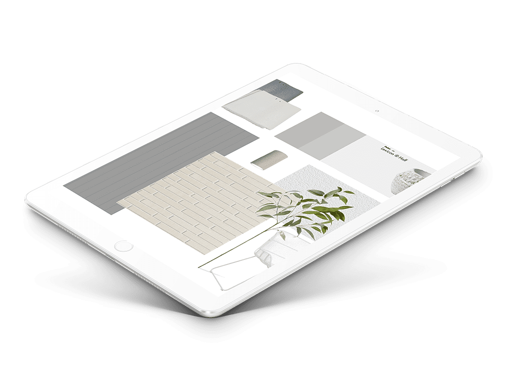 A white tablet displaying a minimalist design mood board with neutral color swatches, a plant in a vase, and various textures and materials arranged on its screen.