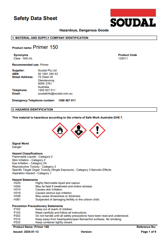 Safety data sheet for Soudal Primer 150, detailing hazards, classifications, signal word "Danger," and emergency contact info. Contains hazard symbols for health hazard, exclamation mark, and flame.